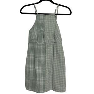 AMERICAN EAGLE Mini Dress XS Green Plaid Cotton Linen High Neck NWT